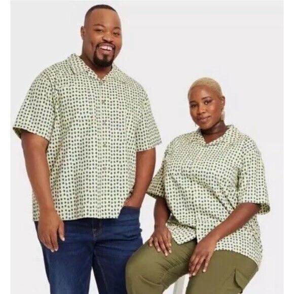 Target x House of Aama Short Sleeve Button-Down Shirt Green Polka Dots, Adult XS - Picture 1 of 6